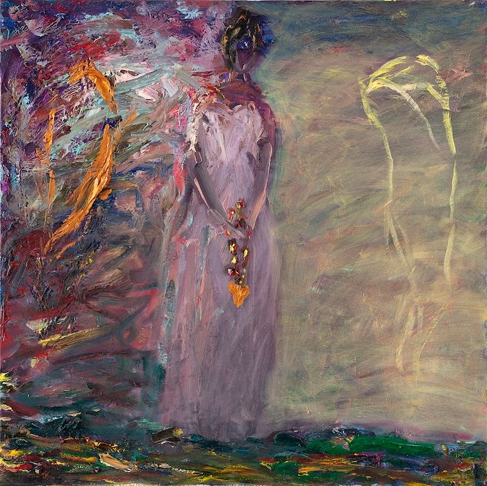 Nanna Suden maalaus Sydämen kantaja, 50 × 50 cm, öljy kankaalle, 2025, Toisella puolella rantaa -näyttely. Tiedustele teosta Helsingin studiolta.