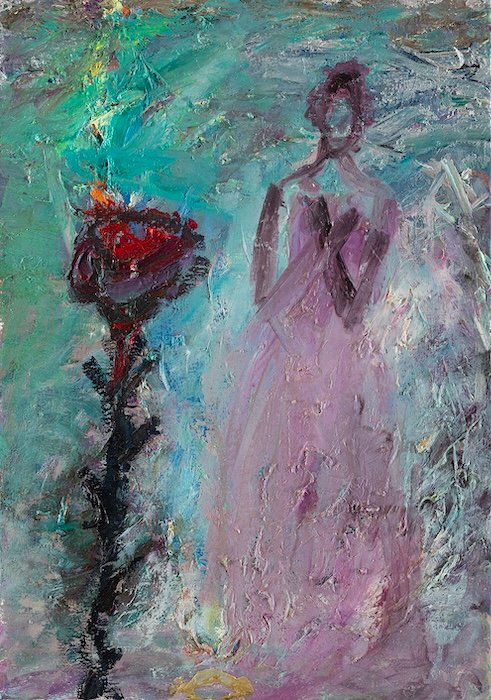 Nanna Suden maalaus Ihastunut enkeli, 40 × 28 cm, öljy kankaalle, 2025, Toisella puolella rantaa -näyttely. Tiedustele teosta Helsingin studiolta.