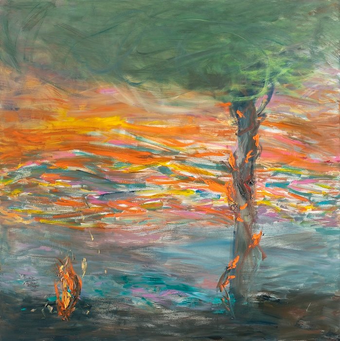 Painting by Nanna Susi: Fiery Soul, 130 × 130 cm, oil on canvas, 2025, Over the Water exhibition. Inquire about this work at the Helsinki studio.