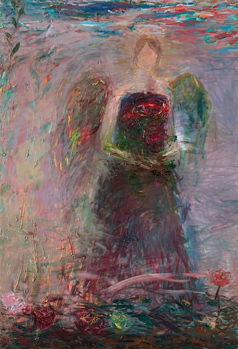 Painting by Nanna Susi: Someone Has to Take Care of Love, 190 × 130 cm, oil on canvas, 2025, Over the Water exhibition. Inquire about this work at the Helsinki studio.