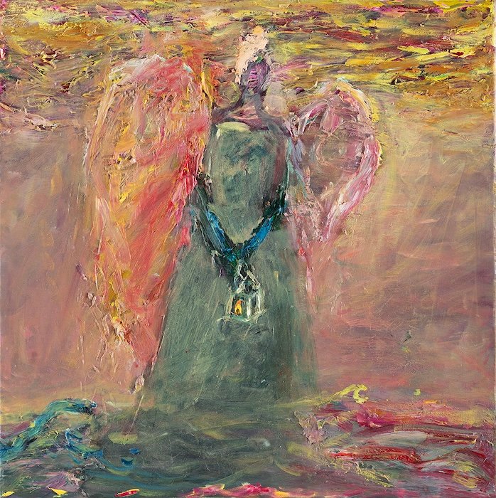 Nanna Suden maalaus Hetkessä elämisen taito, 50 × 50 cm, öljy kankaalle, 2025, Toisella puolella rantaa -näyttely. Tiedustele teosta Helsingin studiolta.