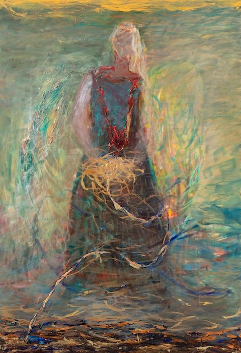 Painting by Nanna Susi: The Golden Thread, 190 × 130 cm, oil on canvas, 2025, Over the Water exhibition. Inquire about this work at the Helsinki studio.